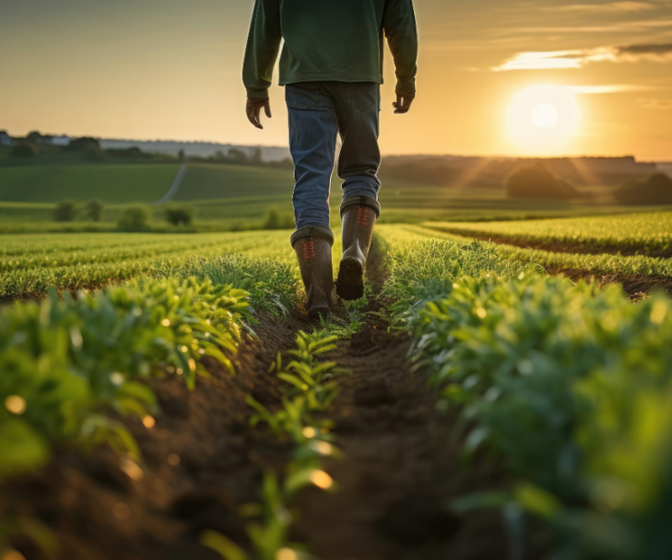 Zinsbonus Klimabilanz Mann, der in Gummistiefeln über ein Feld läuft