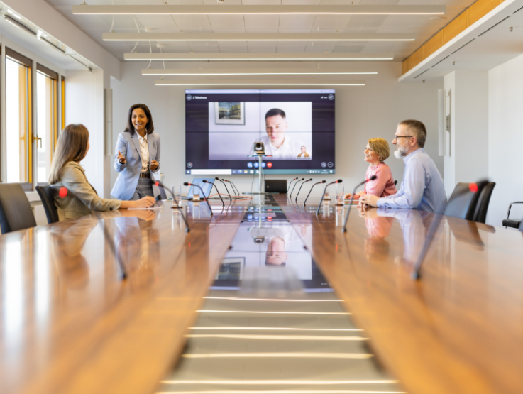 Großer Sitzungssaal, in dem vier Mitarbeitende an einem langen Tisch sitzen und mit einem per Videokonferenz zugeschalteten Mitarbeitenden im Gespräch sind