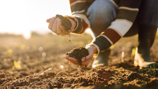 Frau kniet auf einem Feld und nimmt Erde in die Hand