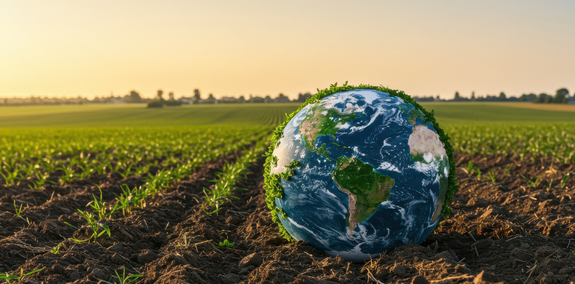 Globus mit Vegetation auf einem gepflügten Feld bei Sonnenuntergang, Konzept der nachhaltigen Landwirtschaft