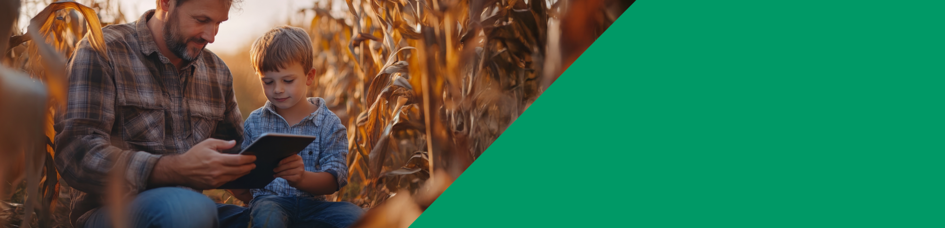 Vater und Sohn mit Tablet im Maisfeld bei Sonnenuntergang