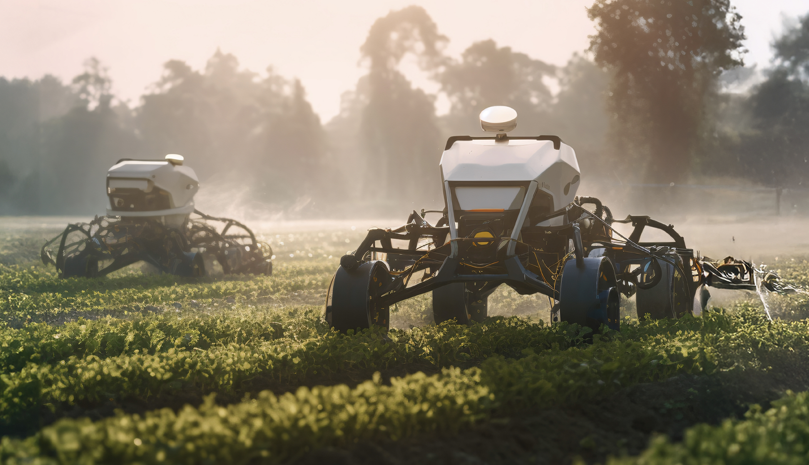 Feldrobotor auf einem Feld im Nebel