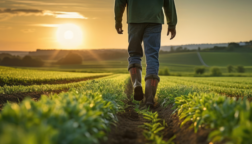 Mann, der in seinen Gummistiefeln über ein Feld läuft