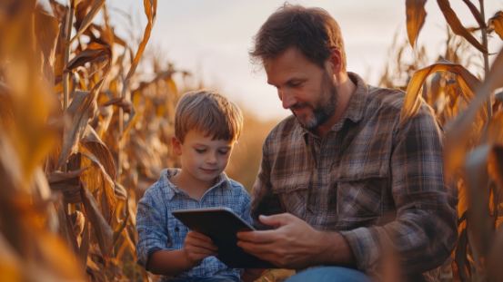 Vater und Sohn mit Tablet im Maisfeld bei Sonnenuntergang