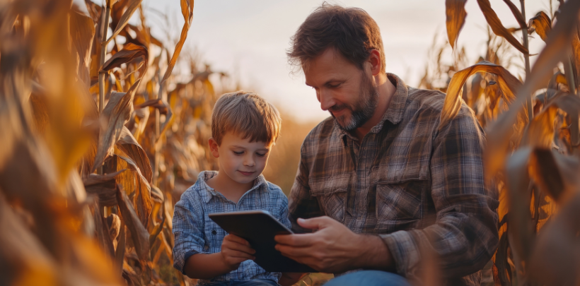 Vater und Sohn mit Tablet im Maisfeld bei Sonnenuntergang